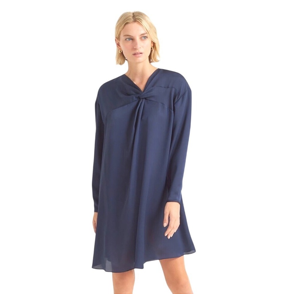 Club Monaco Twist Front Mini Dress Navy Blue Satin Long Sleeve Size 2